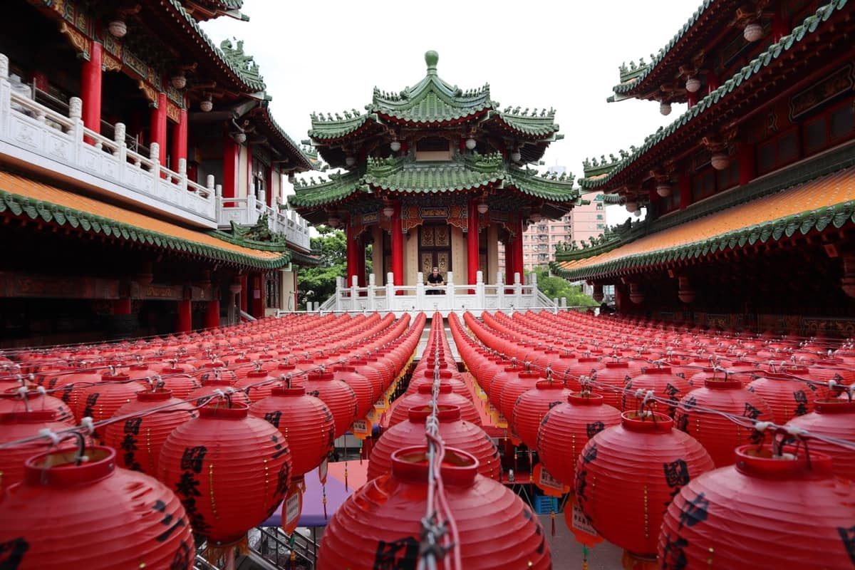 Rows of red lanterns filling the courtyard of Sanfeng Temple in Kaohsiung