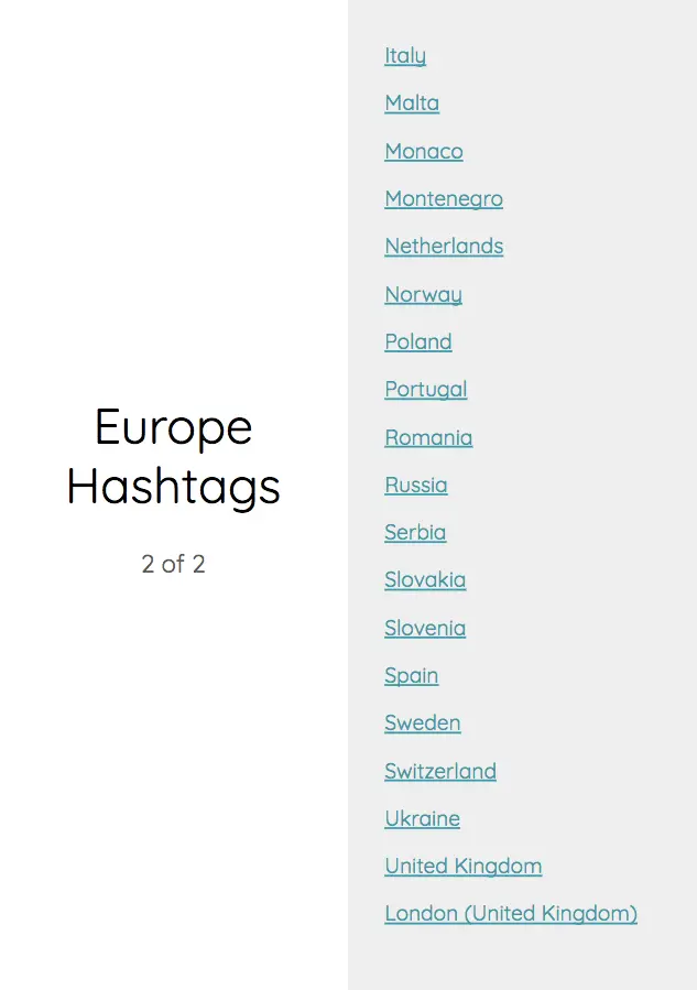 Europe hashtags index